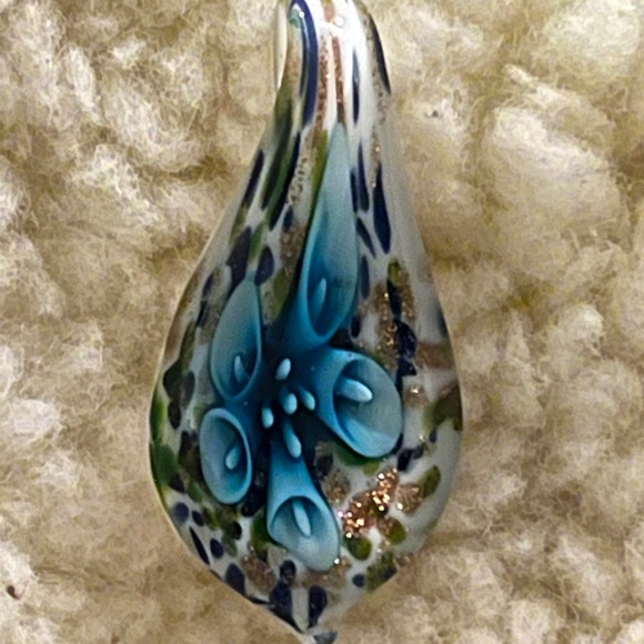 Artistic Hand Blown Glass Pendant with Blue Floral Design Charm - Picture 5 of 17